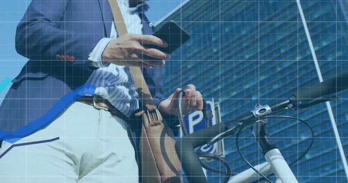 Animation of financial data processing over asian businessman using smartphone on city street