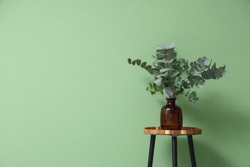 Vase with eucalyptus twigs on stool near green wall in room © Pixel-Shot