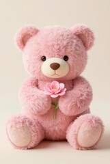 Obraz premium A cute, chubby baby pink teddy bear holding a soft pink flower in its paws, looking big, fluffy, and adorable with a cozy, charming, and heartwarming aesthetic.