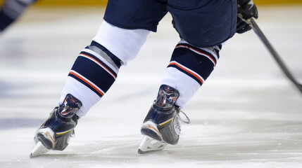 Obraz premium Close-up of ice hockey player legs in action with protective gear and skates on ice rink, dynamic motion and athletic posture highlighting competitive winter sports intensity and teamwork on ice