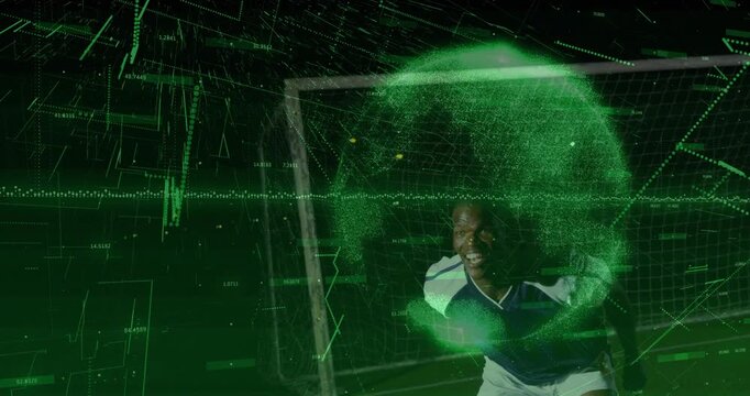 Soccer goalkeeper lunging forward on pitch, using sports tech with green data field and hex grid