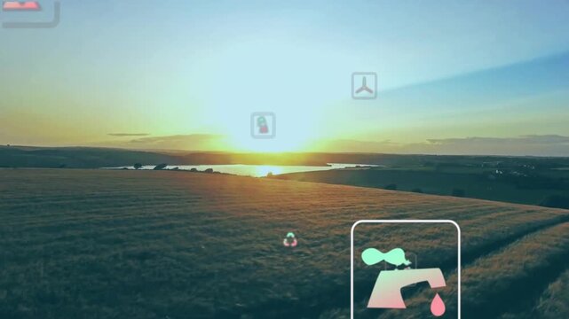 AR overlay hovering over rural sunset grassy slope, displaying environmental icons with flat design