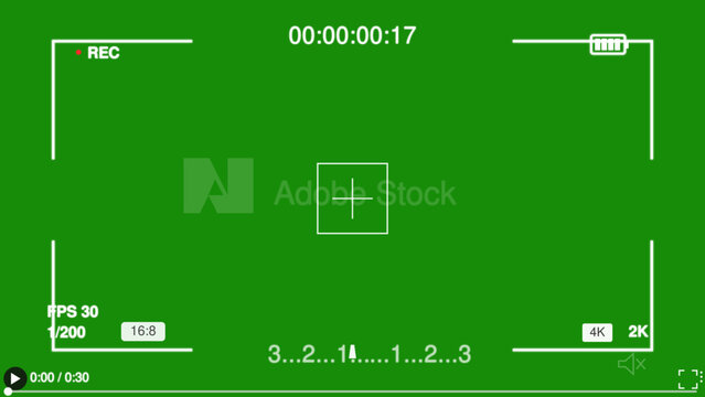 Camera viewfinder overlay on green screen background, digital video recording interface with rec icon and timecode, professional cinematography frame for post-production and vfx
