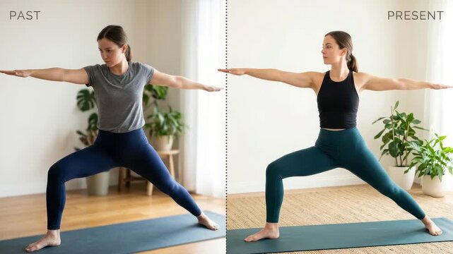A woman practices yoga in her home, showing focus and change over time in outfits and skill level