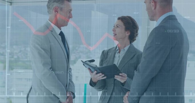 Woman opening binder and presenting business data to two men, red chart and grid overlaying scene