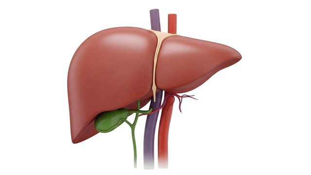 A detailed illustration of a human liver with its associated organs on transparent background