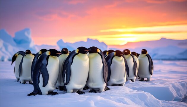 Penguins flock at sunrise