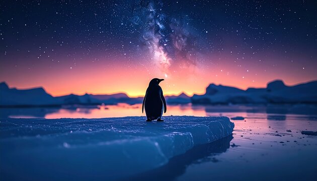 Penguin stands on ice at night sky