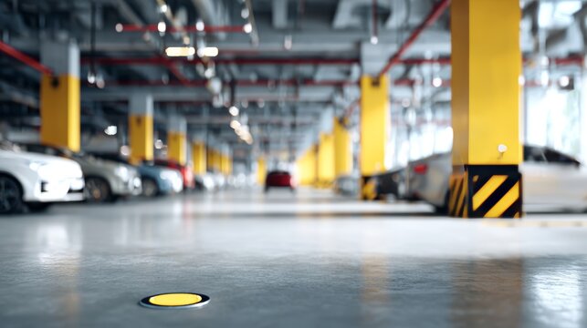 Parking garage indoor parking urban transportation automotive vehicle security perspective modern architecture infrastructure car sensor system blurred motion contemporary city concept
