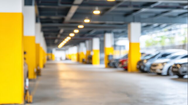 Parking garage indoor parking urban transportation automotive vehicle security perspective modern architecture infrastructure car sensor system blurred motion contemporary city concept