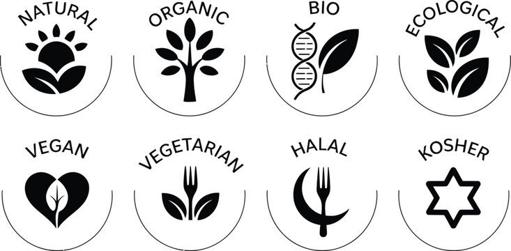 Vector Set of Eco Friendly Labels Featuring Natural Organic Bio Ecological Vegan Vegetarian Halal and Kosher Food Symbols for Product Packaging and Healthy Lifestyle Branding