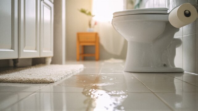 Leaking water on floor in bathroom. Broken toilet pipe causing puddle in restroom. Home interior plumbing disaster, emergency equipment failure and property damage maintenance concept.