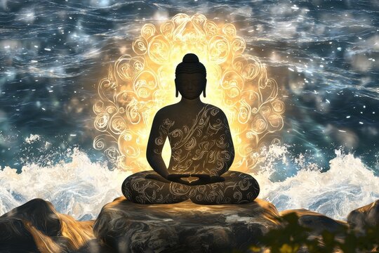Serene Buddha Statue Silhouette Meditating on Ocean Rocks at Sunset