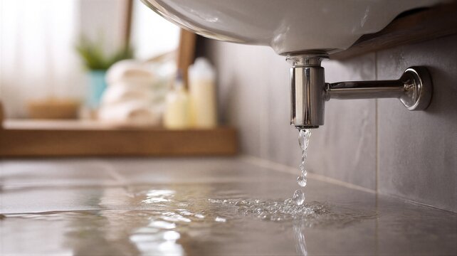 Leaking water pipe under bathroom sink. Damaged plumbing system causing floor flood. Household maintenance issue requiring repair. Emergency plumbing service for home or apartment restoration.