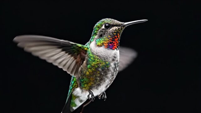 Close Up Hummingbird Hovering with Colorful Feathers on Black Background 4K