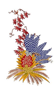 Seamless vector illustration of a pink bird and abstract floral pattern with vintage spring ornaments and nature elements for a decorative summer wallpaper design