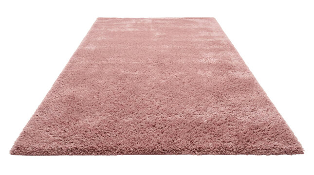Pink shaggy rug perspective view isolated. Interior design carpet mockup.