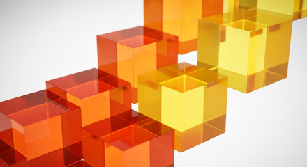 Obraz premium Multiple orange and yellow translucent cubes arranged in a geometric pattern, representative of layers, structure, and abstract artistic concept