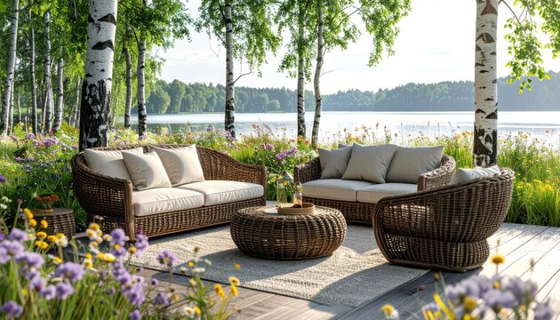 Outdoor wicker furniture set lakeside