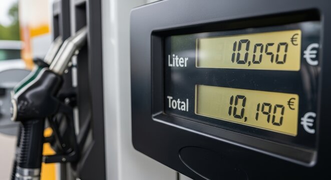 A close-up of a gas pump display showing fuel prices in euros per liter and total cost at a fuel sta