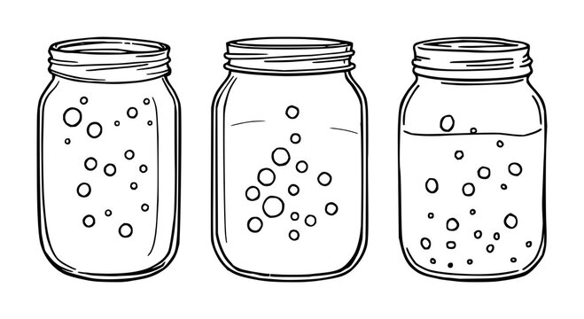 Sourdough starter jar set with active bubbly mixture featuring fermentation, baking, leavening with black line art and white background