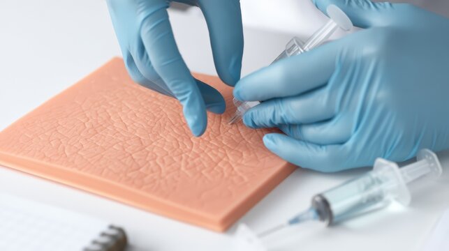 Cosmetic injection technique training on a silicone practice skin pad.
