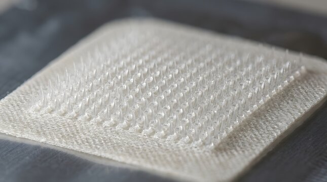 A specialized microneedle patch showcasing a grid of sharp, transparent spikes, developed for efficient transdermal medical or cosmetic applications.