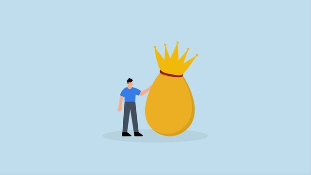 Golden egg investment, 4k animation of affluent entrepreneur with valuable golden egg adorned with crown