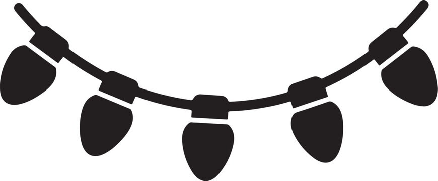 Black Christmas string lights, festive holiday decorations, vector icons, black silhouette