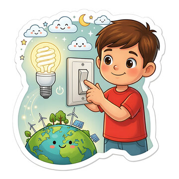 Cute boy turning off light switch to save energy, Earth Day environmental concept illustration