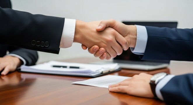 Two businessmen in suits shaking hands over a wooden desk with papers business meeting handshake agr