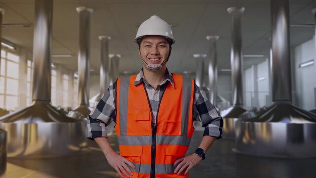 Asian Male Engineer Wearing Safety Helmet Smiling To Camera While Standing With Arms Akimbo at Stainless Steel Brewing Vats in Beer Manufacturing Plant