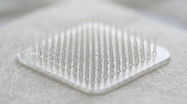 Close-up of a clear microneedle patch featuring many tiny, sharp, transparent spikes, designed for advanced dermatological treatments or pharmaceutical delivery.