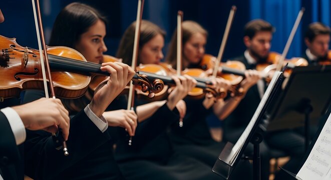 Dedicated string musicians perform in a symphony orchestra, creating beautiful melodies with violins during a captivating live concert