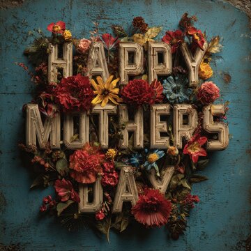 Mothers Day, Valentines Day, love holiday theme. A vibrant display of flowers arranged to spell out the phrase Happy Mothers Day against a rustic wooden background.