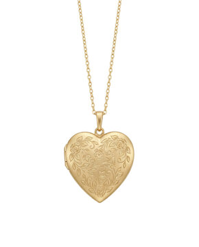 Gold heart locket necklace with floral engraving isolated. Jewelry gift concept.