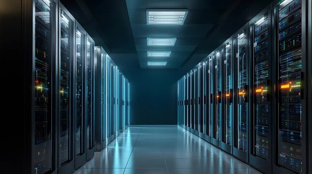Server rack aisle corridor data center hallway with blue lighting reflective floor conveying focused futuristic calm network cabinet room