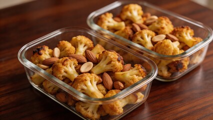 Obraz premium Two glass containers filled with roasted cauliflower and almonds on a wooden table for healthy nutrition and meal prep