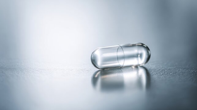 Single clear capsule on glossy floor, clinical minimalist catalog image with isolated composition, highkey lighting and sterile product focus for medical or pharmaceutical listings