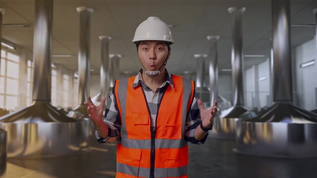 Asian Male Engineer With Safety Helmet Smiling To Camera And Saying Wow While Standing at Stainless Steel Brewing Vats in Beer Manufacturing Plant