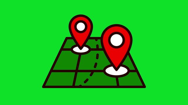 Animated Map Navigation Icon with Red Location Pins and Route Trail 4k stock animation video on a green screen for chroma key background for video editing.