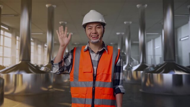Asian Male Engineer With Safety Helmet Smiling To Camera And Waving Hand Saying Bye While Standing at Stainless Steel Brewing Vats in Beer Manufacturing Plant