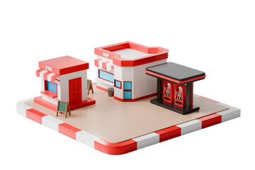 3d convenience store gas station icon. roadside retail concept. minimal cartoon shop fuel pumps for locator app. isolated on white transparent background. 3d render. © Theeraphat