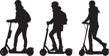 Silhouettes of people riding electric scooters on a white background © Annamorphosis