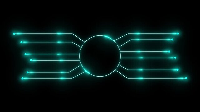 Circuit network hub glows neon on black background. Network hub represents technology and digital connections. Network hub enhances visuals with modern design.