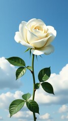 Fototapeta premium A beautiful white rose sits among green leaves against a clear blue sky