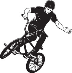 Naklejka premium Black and white BMX rider, bicycle trick, extreme sports vector, action illustration