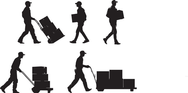 Delivery man pushing a hand truck loaded with boxes