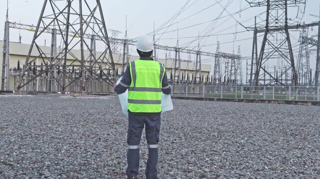 Substation engineer electricity power line safety vest hard hat utility worker holding blueprint inspecting electrical grid transformer yard
