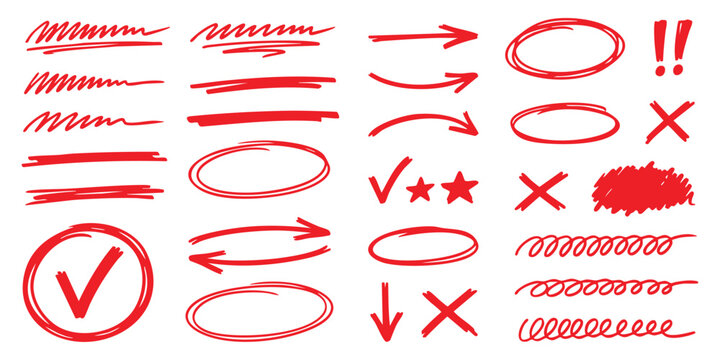 Set of hand-drawn red scribble elements arrows circles and check marks vector illustration for design annotation